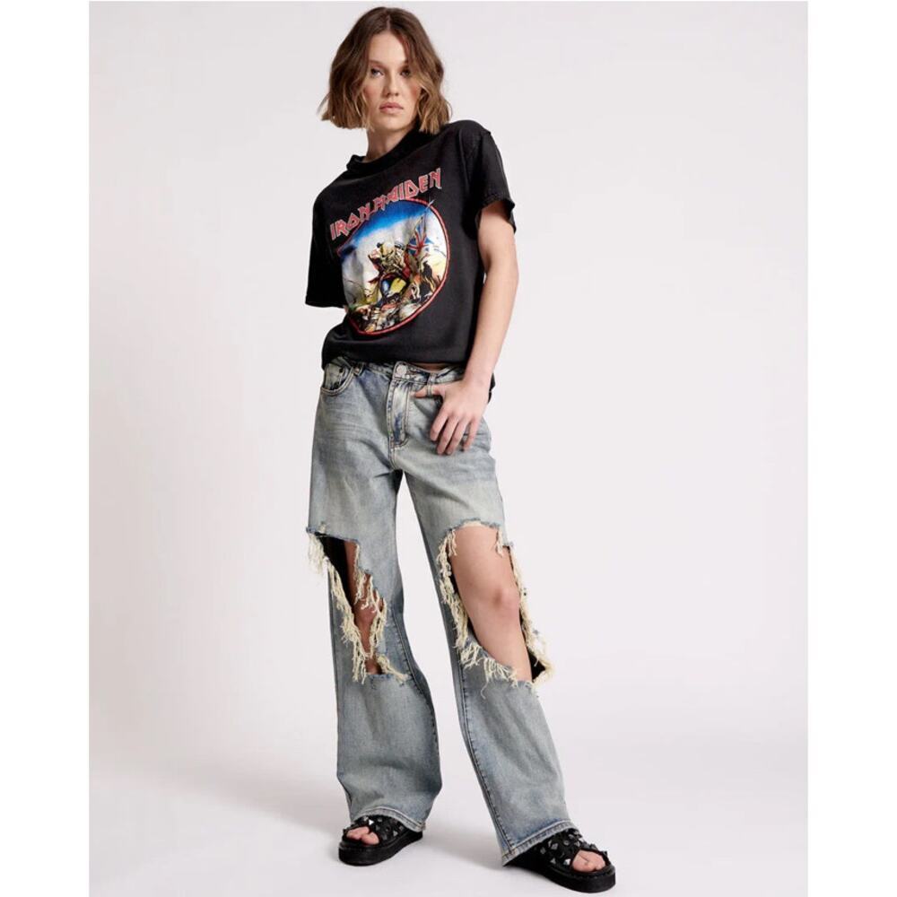 One Teaspoon Jackson Mid Waist Wide Leg Denim Jeans In Montana Old Blue Size 32